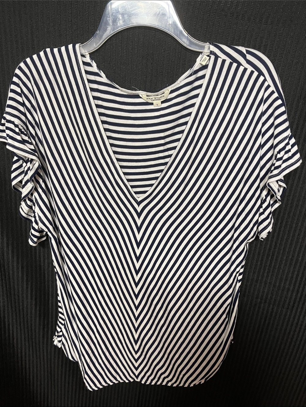 Max Studio Navy & White Striped V-Neck Top